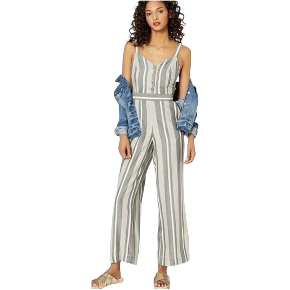 Jessica Simpson Sleeveless Newton Peekaboo Back Jumpsuit Gray White Striped XS